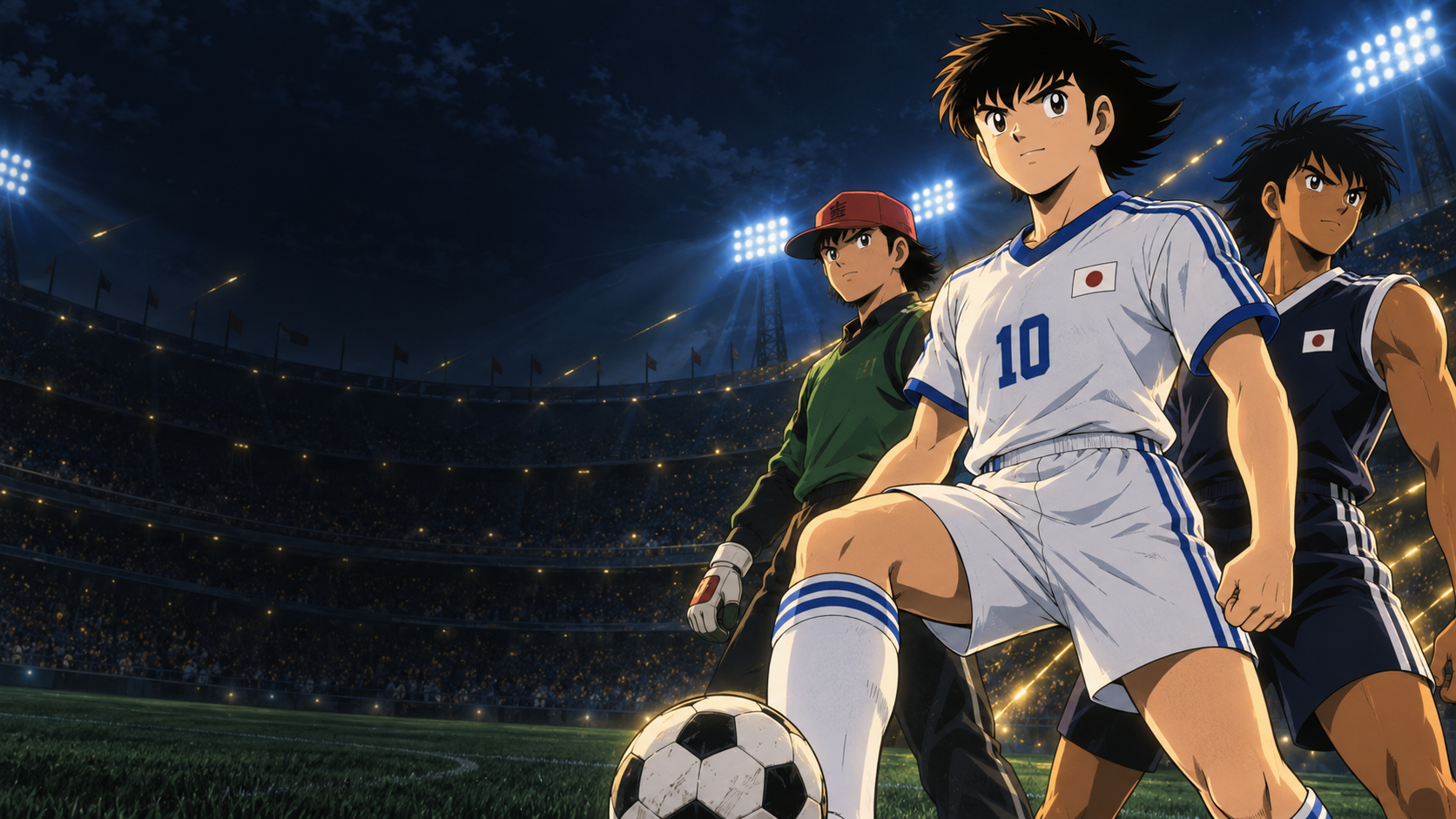 Tsubasa, Hyuga ve Wakabayashi gece stadyumunda